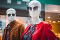 POLAND, BYDGOSZCZ - November 23, 2019: Female and male mannequins. Bright portrait of woman dummy in sunglasses and red jacket