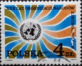 POLAND-CIRCA 1975 : A post stamp printed in Poland showing the emblem of the UN. The 30th Anniversary of the United Nations,