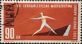 POLAND-CIRCA 1962 : A post stamp printed in Poland showing the graphic of a javelin thrower athlete throwing the javelin at the Eu