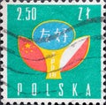 POLAND-CIRCA 1959 : A post stamp printed in Poland showing a graphic symbol for the Polish-Chinese Friendship