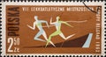 POLAND-CIRCA 1962 : A post stamp printed in Poland showing the graphic of two runners on the track at the European Athletics Champ