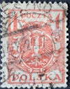 POLAND-CIRCA 1919 : A post stamp printed in Poland showing the heraldic animal of the eagle in the Coat of Arms of Poland. North P