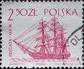 POLAND-CIRCA 1963 : A post stamp printed in Poland showing  a historic frigate sailing ship, a type of warship. Frigate sailing sh Royalty Free Stock Photo