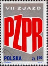 POLAND-CIRCA 1975 : A post stamp printed in Poland showing The letters: PZPR in red: The 7th Meeting of the Polish United Workers