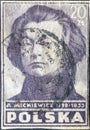POLAND-CIRCA 1947: A post stamp printed in Poland showing people people from the Polish Culture: The poet and singer Adam Mickiewi