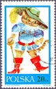 Postage stamp printed in Poland with a picture of `Cat in boots`. The hero of a fairy tale by Charles Perrault.