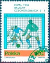 Postage stamp printed in Poland with a picture of a football players, with the inscription `Rome 1934, finals Italy-Czechoslovakia Royalty Free Stock Photo