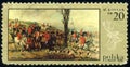Stamp 20 Polish grosz printed by Republic of Poland, shows painting `Departure for the hunt` by Wojciech