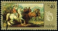 Stamp 40 Polish grosz printed by Republic of Poland, shows painting `Hunting with Falcon` by Juliusz Kossak