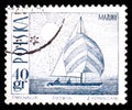 POLAND - CIRCA 1966: A stamp printed in Poland shows Amethyst yacht on Masurian Lake, Tourist attractions serie