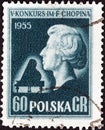 POLAND - CIRCA 1955: A stamp printed in Poland shows Bust of Chopin after L. Isler, circa 1955.