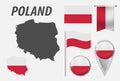 POLAND. Collection of symbols in colors national flag on various objects isolated on white background. Flag, pointer, button, Royalty Free Stock Photo