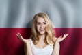 Poland concept with happy Surprised cute girl with Polish flag background. Travel and education concept