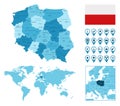 Poland detailed administrative blue map with country flag and location on the world map.