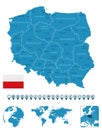 Poland - detailed blue country map with cities, regions, location on world map and globe. Infographic icons