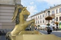 Poland. Drinking fountain in the form of a bronze goat. The symbol of the city of Lublin. The fountain is located on the street