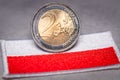 Poland euro, Polish accession to the euro zone, Polish flag and a 2 euro coin, financial concept, currency exchange in the