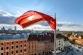 Poland Flag on centre of Warsaw Background Royalty Free Stock Photo