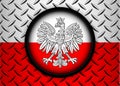 Poland flag circle icons on silver red metallic background with diamond plate texture