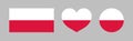 Poland flag. Polish icon. Official flag of poland. White-red round, heart and square shapes. Isolated button, emblem and label for