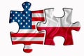 Poland flag and United States of America flag on two puzzle pieces on white isolated background. The concept of political Royalty Free Stock Photo