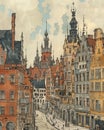 Poland Gdansk old city. Vector illustration, beautiful European city. Euro-trip