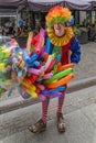 Poland Gdansk September 13, 2018 The balloon man in brightly colored clothes, walks in the streets of Gdansk to sell his balloons,
