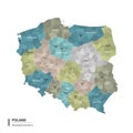 Poland higt detailed map with subdivisions. Administrative map of Poland with districts and cities name, colored by states and