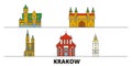Poland, Krakow flat landmarks vector illustration. Poland, Krakow line city with famous travel sights, skyline, design.