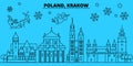 Poland, Krakow winter holidays skyline. Merry Christmas, Happy New Year decorated banner with Santa Claus.poland, Krakow