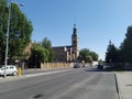 Poland, Leszno - the church of the Holy Cross and Zygmunta KrasiÃâskiego avenue in Leszno Town. Royalty Free Stock Photo