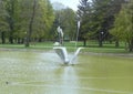 Poland, Lodz, Pisudsky Park, fountain in the middle of the pond