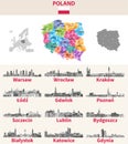 Poland map with main cities on it. Polish cities skylines illustrations