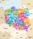 Vector map of Poland administrative divisions colored by provincesknown as voivodeships with neighbouring countries an territori