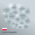 Poland map separates regions and names individual regions, design glass card 3D