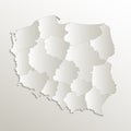 Poland map separates regions and names individual region, card paper 3D natural blank