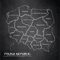 Poland map separates regions and names individual region, design card blackboard chalkboard