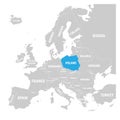 Poland marked by blue in grey political map of Europe. Vector illustration