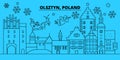 Poland, Olsztyn winter holidays skyline. Merry Christmas, Happy New Year decorated banner with Santa Claus.Poland