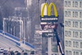 Poland Ostrowiec Swietokrzyski February 19, 2024 at 17:20. McDonald\'s logo on a pole .