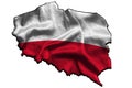 Poland outline map with waving flag texture on white isolated background. Clear black borders of the state. Blank for a Royalty Free Stock Photo