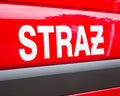 Poland, Poznan. Straz pozarna - sign Polish firefighters on the vehicle.