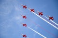 Turkish Stars, an acrobatic team, jet formation, by the airshow in Poznan, Poland, Lawica Airport. Royalty Free Stock Photo