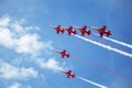 Turkish Stars, an acrobatic team, jet formation, by the airshow in Poznan, Poland, Lawica Airport. Royalty Free Stock Photo