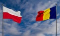 Poland and Romania flags. Blue sky flag Poland and flag Romania. 3D work and 3D image Royalty Free Stock Photo