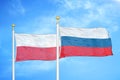 Poland and Russia two flags on flagpoles and blue cloudy sky Royalty Free Stock Photo