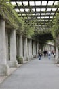 A pergola in Wroclaw, people are resting while walking along a corridor made of columns