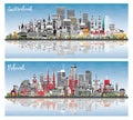 Poland and Switzerland City Skyline set with Gray Buildings, Blue Sky and Reflections. Modern Architecture. Cityscape with