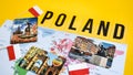 Poland travel destination, polish flag, magnets from Warsaw, Gdansk Lodz, world map