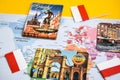 Poland travel destination, polish flag, magnets from Warsaw, Gdansk Lodz, world map